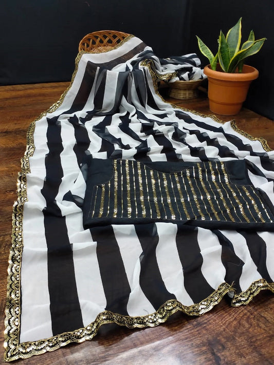Black And White Strip Georgette With Embroidery Sequence Work Saree