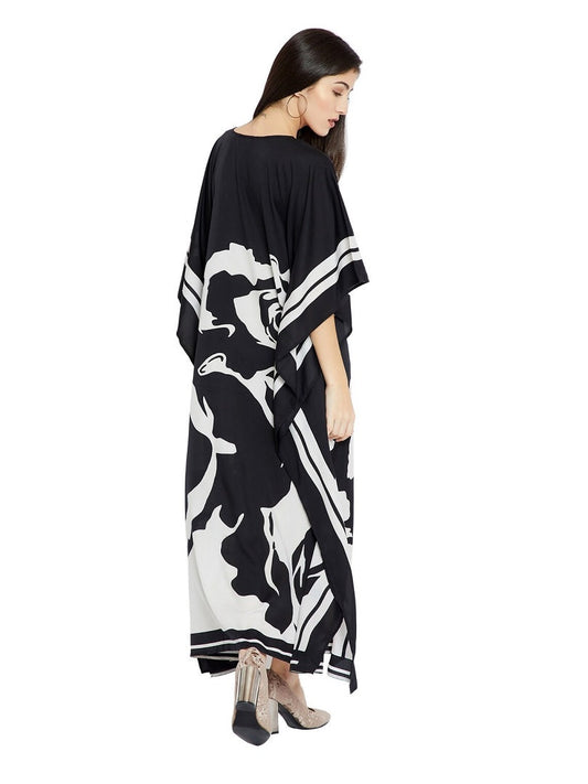 Black & White Floral Design Plus Size Silk Crepe Kaftan Dress for Women J5629