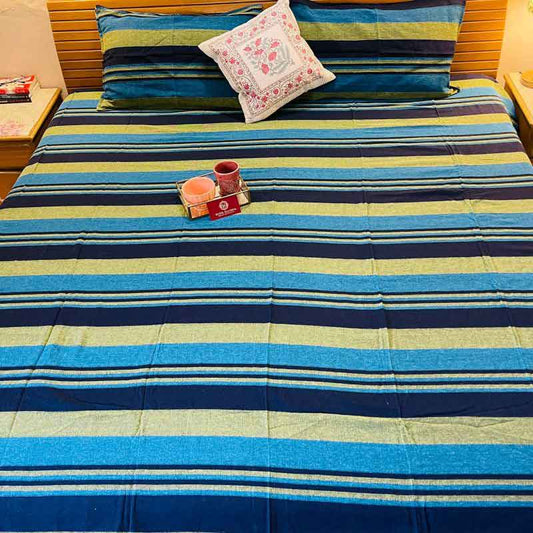 Blue Green Striped Handloom Cotton Bedsheet |  Double Size