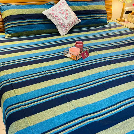 Blue Green Striped Handloom Cotton Bedsheet |  Double Size