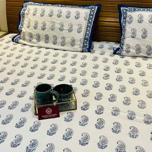 Blue White Paisley South Cotton Bedsheet |  Double Size