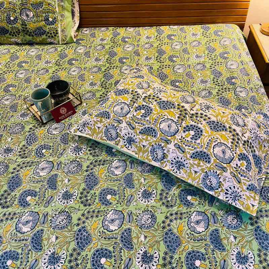 Green Floral South Cotton Bedsheet |  Double Size