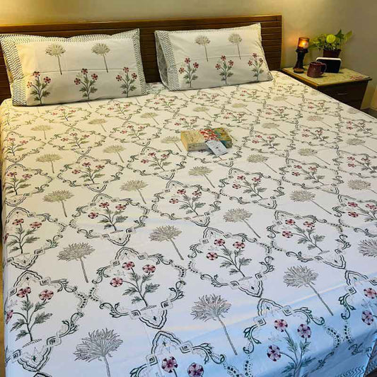 Mughal Floral Jaal Cotton Bedsheet |  Double Size