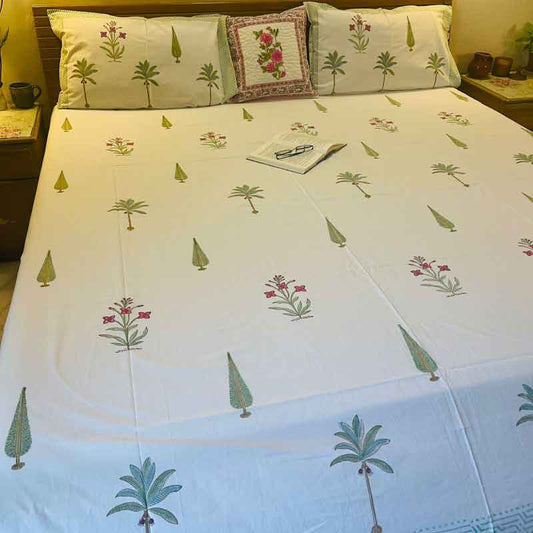 Palm Cypress Tree Premium Cotton Bedsheet |  Double Size