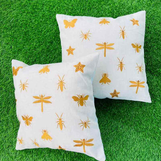 Golden Insects Embroidered Cushion Covers | Set of 2 | 16x16 Inches