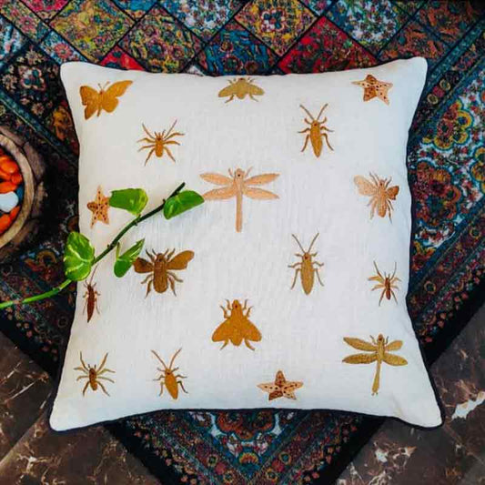 Golden Insects Embroidered Cushion Covers | Set of 2 | 16x16 Inches