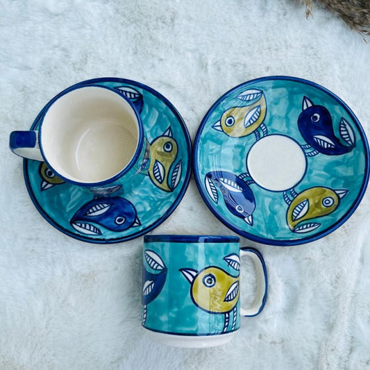 Neola Handpainted Blue Bird Cups & Saucers | Set of 2