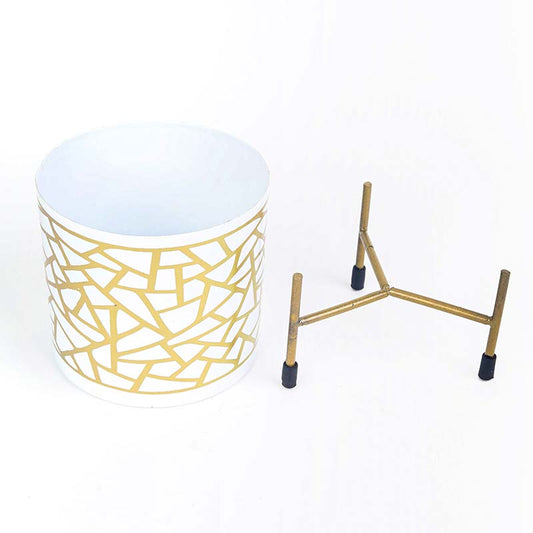 White & Gold Cylindrical Meena Metal Pot with Stand