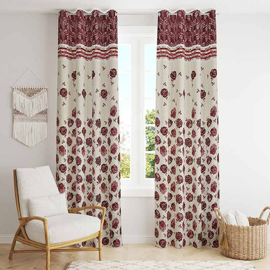 Maroon Floral Jute Curtains | 9ft | Set of 2