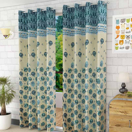 Turqoise Floral Jute Curtains | 5ft | Set of 2