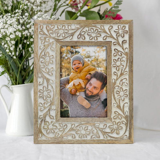 White Photo Frame with Wooden Carving