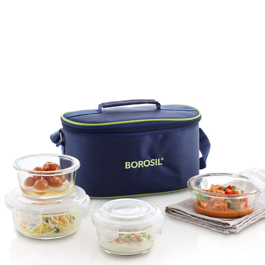 Borosil Blue Glass Lunchbox, Round x 4