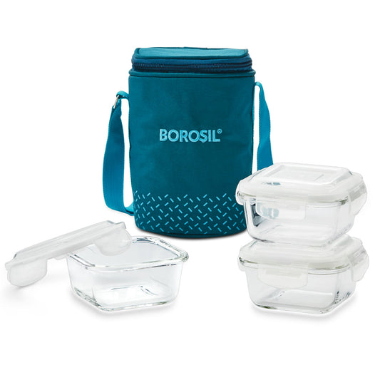 Borosil Teal Glass Lunchbox, Square x 3