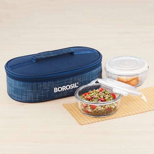 Borosil Indigo Glass Lunchbox, Round x 2 (Flat Bag)