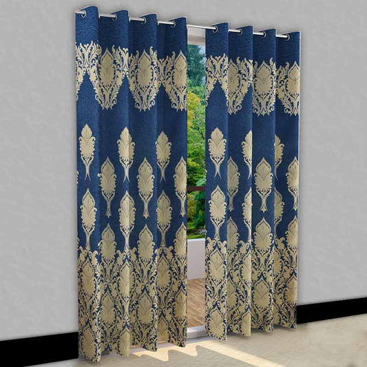 Blue Jute Polyester Curtains | 7ft | Set of 2