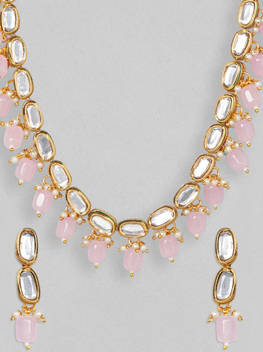 Rubans 22K Gold Plated Kundan Necklace With Pink Beads