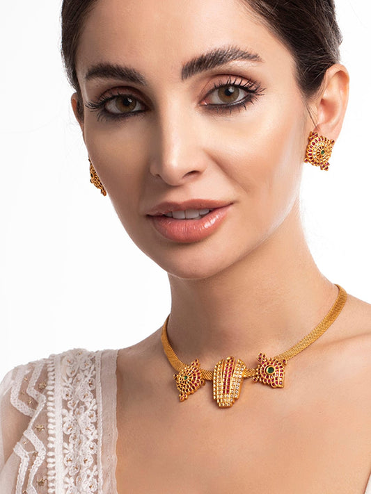 Rubans 22K Gold Plated Necklace Set With Studded AD Design