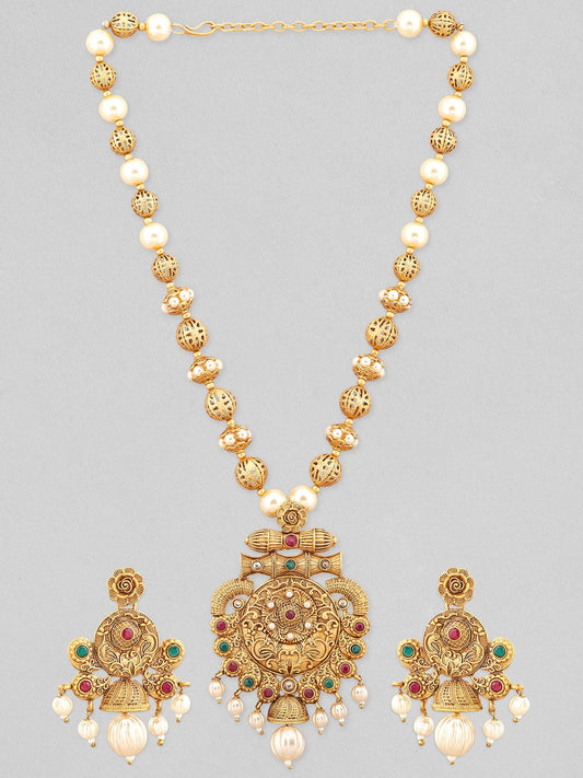 Rubans 24K gold plated pendant necklace set with pearls.
