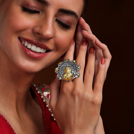 Rubans Dual Tone Hadcrafted Ring With Lord Ganesha Motif