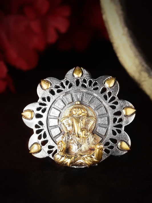 Rubans Dual Tone Hadcrafted Ring With Lord Ganesha Motif