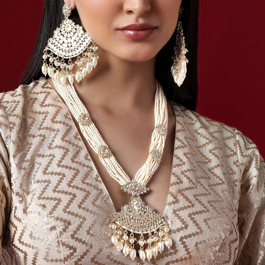 Rubans Gold Plated Classic Kundan Necklace Set With White Beads.