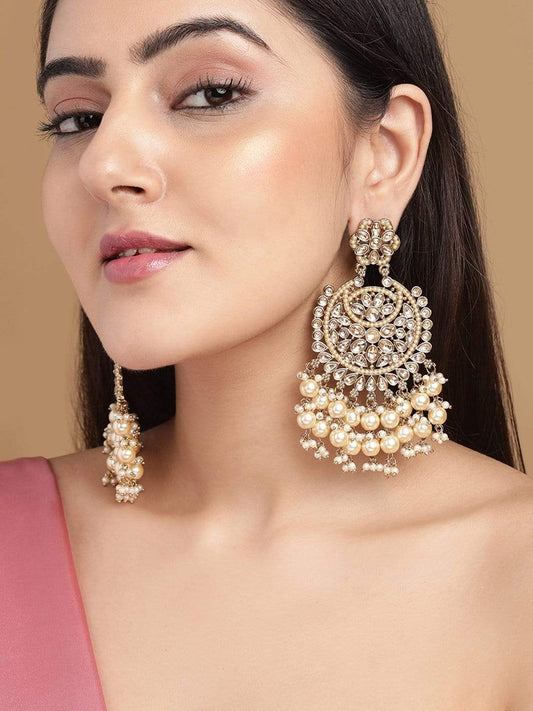 Rubans Gold Plated Handcrafted AD Studded & Gold Beads Chandbali Earrings