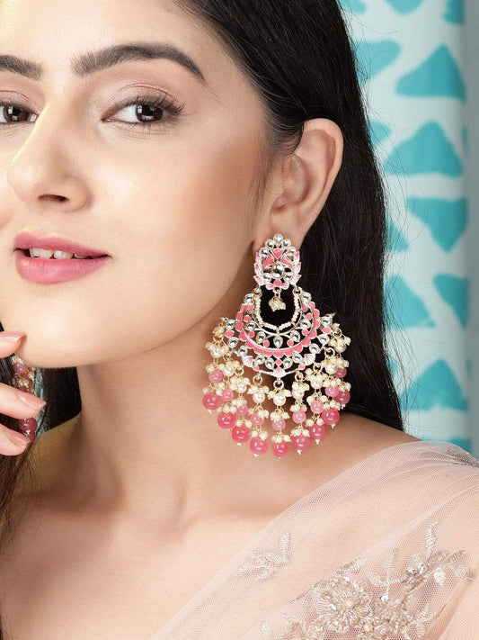 Rubans Gold Plated Handcrafted Kundan & Pink Enamelled Beads Chandbali Earrings
