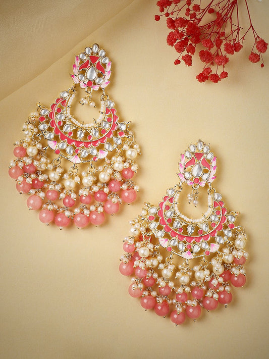Rubans Gold Plated Handcrafted Kundan & Pink Enamelled Beads Chandbali Earrings