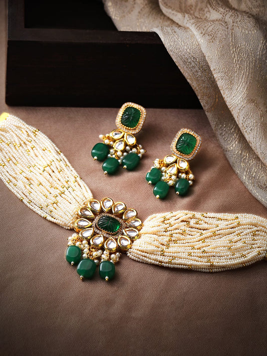 Rubans Gold Plated Kundan Choker Set With Green Stones And White Beads