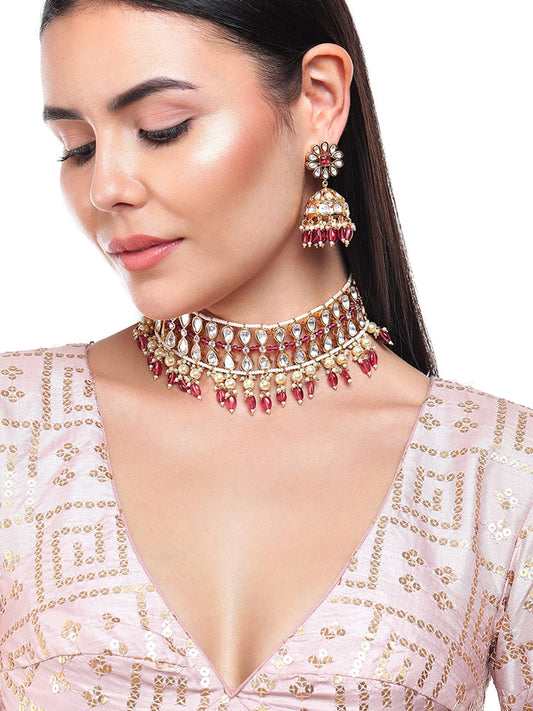 Rubans Gold Plated Kundan Choker Set With Red Beads And Pearls