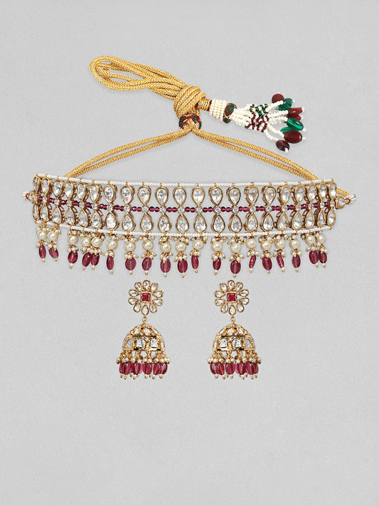 Rubans Gold Plated Kundan Choker Set With Red Beads And Pearls