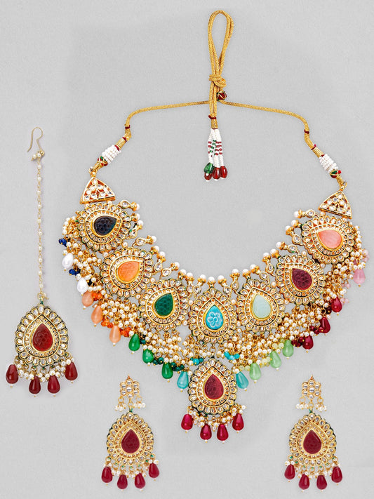 Rubans Gold Plated Kundan Necklace Set With Multicoloured Stones