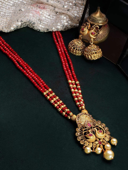 Rubans Gold Toned Faux Ruby Peacock Necklace Set