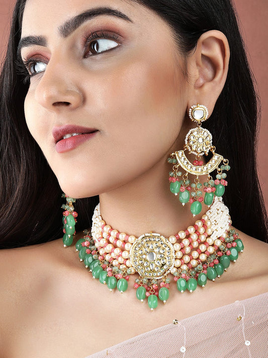Rubans Luxury Gold Plated Green & Red Beaded Kundan Necklace Set