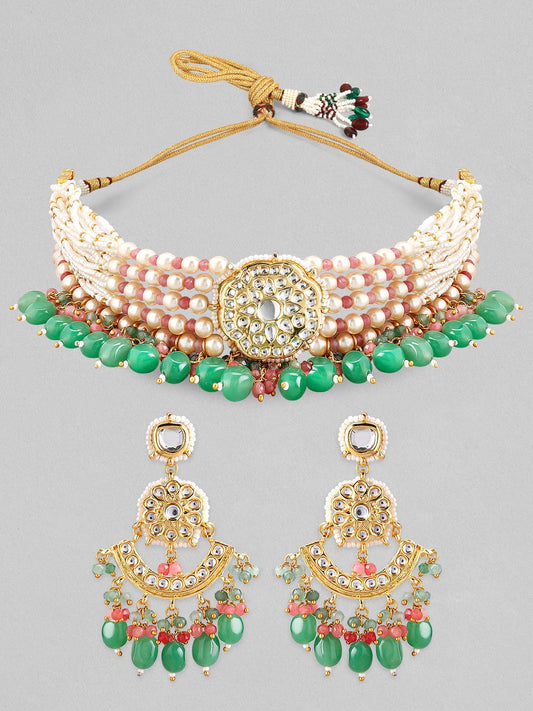 Rubans Luxury Gold Plated Green & Red Beaded Kundan Necklace Set