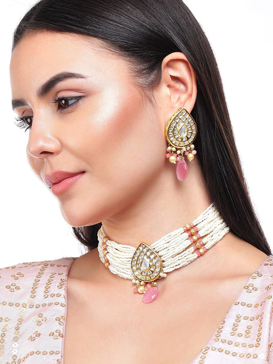 Rubans Luxury Gold Plated Kundan Choker Set With Pastel Pink Beads.
