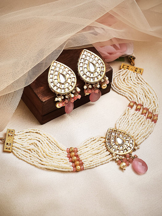 Rubans Luxury Gold Plated Kundan Choker Set With Pastel Pink Beads.