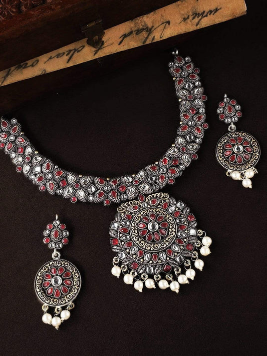 Rubans Oxidised Ruby Studded  Necklace Set
