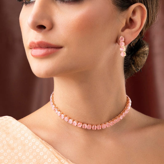 Rubans Rose Gold Plated Necklace With Studded Pastel Pink AD's