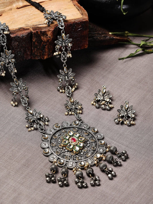 Rubans Silver Oxidised Necklace Set With Studded Kundan Design