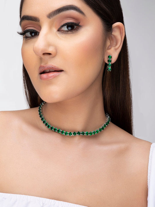 Rubans Silver Plated Necklace Set With Studded Dark Green AD's