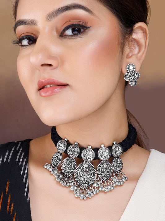 Rubans Silver plated oxidised choker set with goddess motifs and broad black belt.