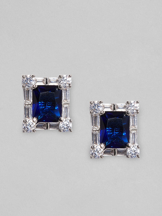 Rubans Silver Plated Square Stud Earrings With Blue And White AD's