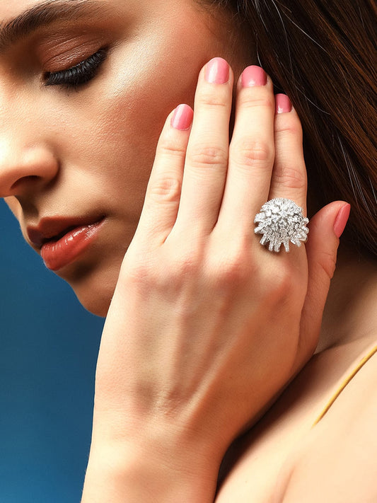 Rubans Silver-Plated White  Zircone-Studded Finger Ring