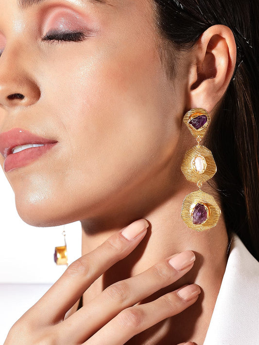 Rubans Voguish 18K Gold Plated On Copper Handcrafted With Uncut Stoneshammered Dangle Earrings.