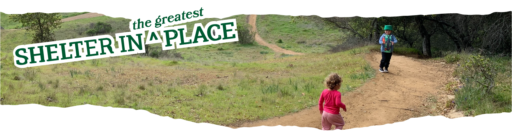 Title: Shelter in the Greatest Place overlaid on a photo of two children running happily down a trail in Marin.