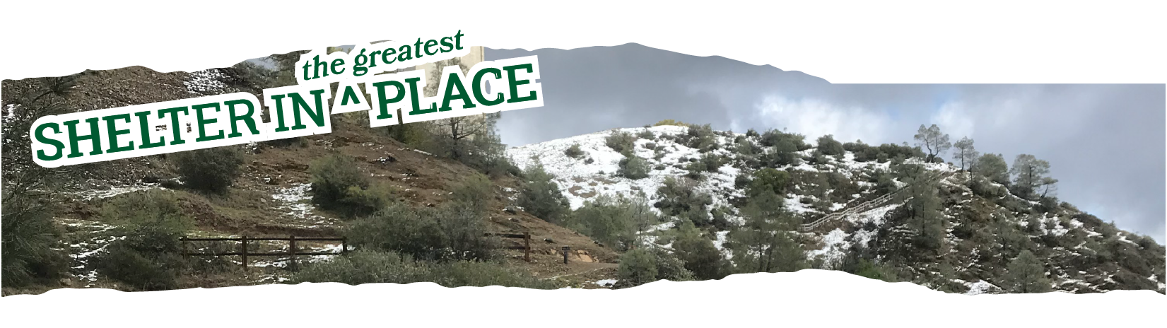 Title: Shelter in the Greatest Place overlaid on a photo of the snowy summit of Mount Umunhum