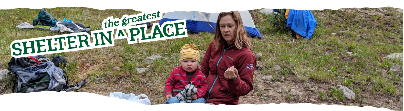 Title: Shelter in the Greatest Place laid over a photo of Rachel and one of her children on a backyard camping trip.