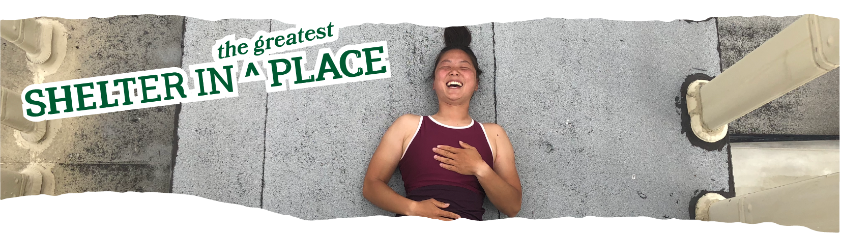 Title Text: Shelter in the Greatest Place laid over a photo of Margaret laughing in a yoga pose.