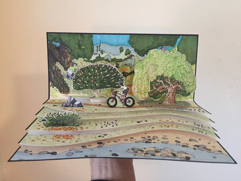 DIY pop-up illustrated book of a person bicycling through trees.